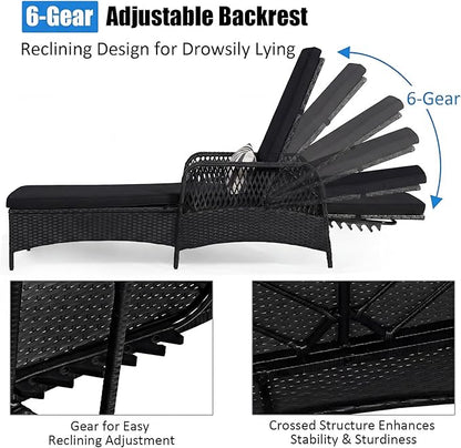 COSTWAY PE Rattan Chaise Lounge Chair, 6 Gear Adjustable Recliner with Armrest & Pillow, Wicker Outdoor Furniture for Deck, Patio (1, Black+White)