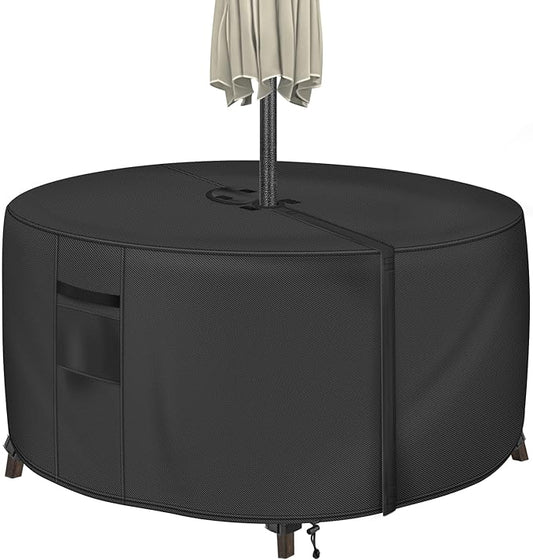 Round Patio Table Cover with Umbrella Hole - 94"DIA x 23"H (COVER SIZE，NOT TABLE SIZE) Heavy Duty Waterproof 600D Oxford Fabric Outdoor Lawn Patio Furniture Covers