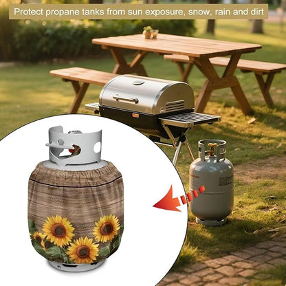 20 lb Propane Tank Cover Protective Propane Tank Blanket for Grill, Travel Trailer RV, and Outdoor Use Windproof Weatherproof Gas Cover Wood Print Sunflower