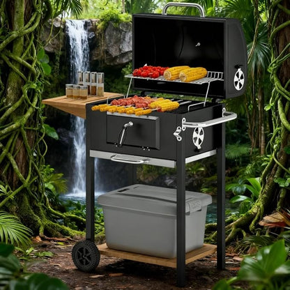 Black Outdoor Portable Charcoal BBQ Grill – Folding Side Table, Wheels, Thermometer for Camping