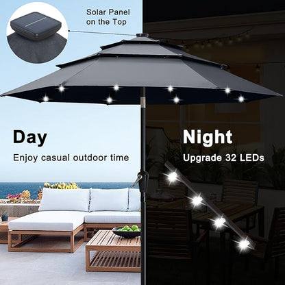 ABCCANOPY 3-Tiers 11FT Solar Patio Umbrella, Outdoor Umbrella with 32 LED Lights for for Deck, Pool, Garden, Backyard (Dark Gray)