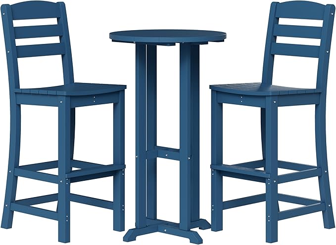 Shintenchi 3 Pieces Outdoor High Top Bar Set, 1 Patio High Top Round Table and 2 Bar Height Tall Adirondack Chair, All-Weather Outdoor Bistro Bar Set for Balcony Pool Deck, Blue
