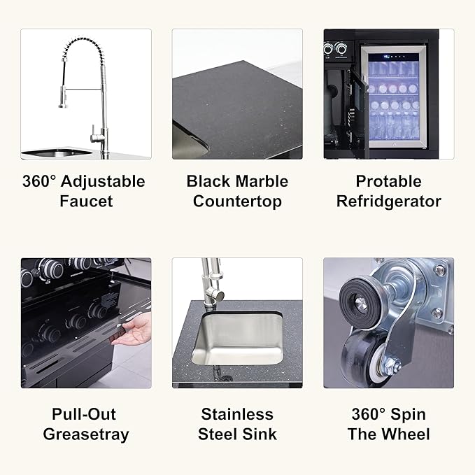 Black 6-Burner 85000 BTU Stainless Steel Propane Gas Outdoor Kitchen Island Grill with Glass-Door Refrigerator, Trash Can, Pull-Out Sink & 3 Drawers | for Patio & Backyard BBQ