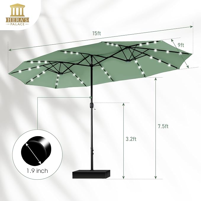 15ft Patio Umbrella with Solar lights & Base, Large Umbrellas, Mint | HERA'S PALACE Rectangle Double Market Umbrella with 36 LED Lights, Big Outdoor Umbrellas for Pool Picnic Inground Yard Deck
