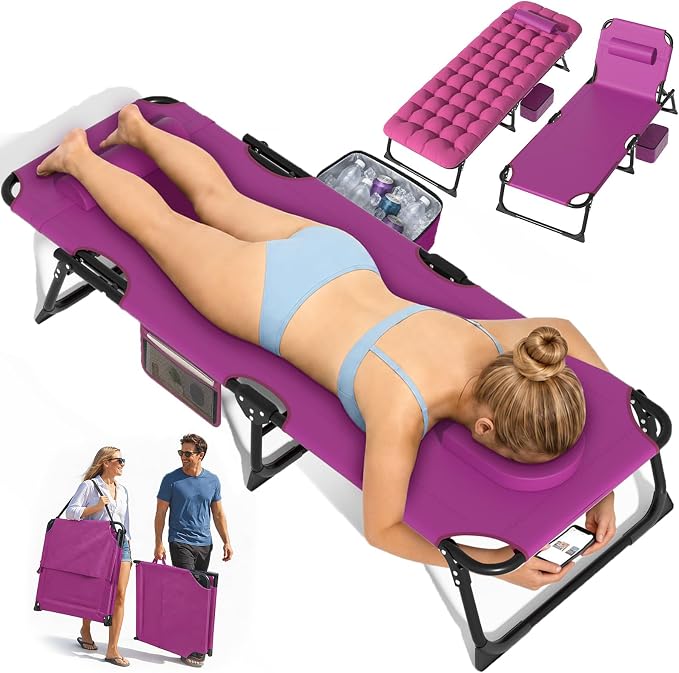 Suteck Tanning Chair with Face Hole, Folding Beach Lounge Chairs, Pink | Adjustable 5-Position Reclining Chaise, Removable Cushion & Pillow, Cooler Bag, 500Lbs Heavy-Duty for Outdoor Camping& Home