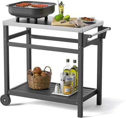 TORVA Outdoor Prep Grill Carts, 303 Stainless Steel Tabletop with High Load Capacity Portable BBQ Table, HDPE Durable Frame 2-Tier Storage Cart, Grey