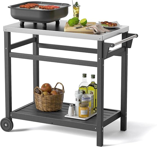 TORVA Outdoor Prep Grill Carts, 303 Stainless Steel Tabletop with High Load Capacity Portable BBQ Table, HDPE Durable Frame 2-Tier Storage Cart, Grey