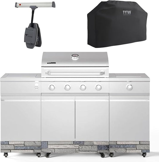 Tytus Fresno 5-Burner Propane or Natural Gas Island Grill – 864 sq. in. Cooking, 48,000 BTU Main + 12,000 BTU Side Burner, Porcelain Grates, Storage Cabinets, Semi-Portable - SS/Shadow Starter Kit