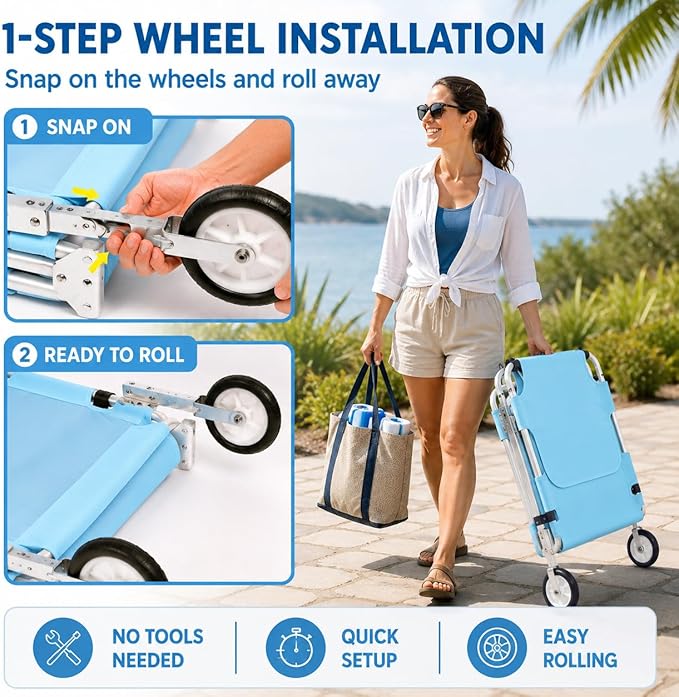 Wheel-To-Go Tanning Chair with Wheels Sun Canopy Umbrella Face Hole Thicker Washable Adjustable, Heavy Duty Folding Lay Flat Sun Lounge Chair Beach Outside Sunbathing Reading, UPF 50+ (Patent Design)