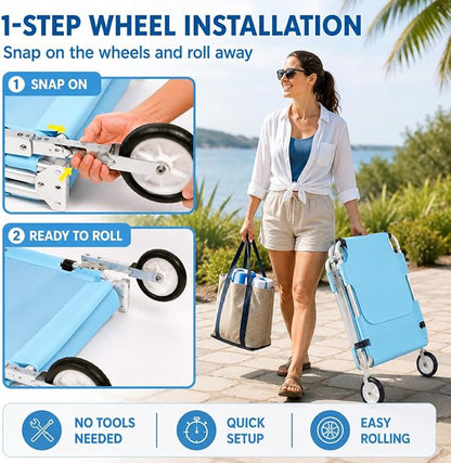 Wheel-To-Go Tanning Chair with Wheels Sun Canopy Umbrella Face Hole Thicker Washable Adjustable, Heavy Duty Folding Lay Flat Sun Lounge Chair Beach Outside Sunbathing Reading, UPF 50+ (Patent Design)