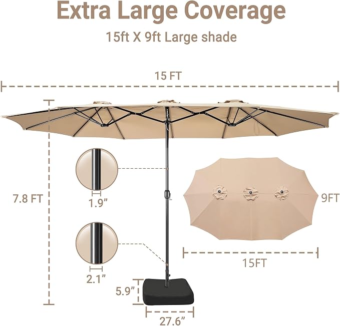 15ft Patio Umbrella with Base, 10-Year-No-Fade Large Outdoor Double-Sided Market Umbrella with UPF50+Terylene Polyester Fabric and Crank for Poolside Garden Deck Backyard Beach Pools