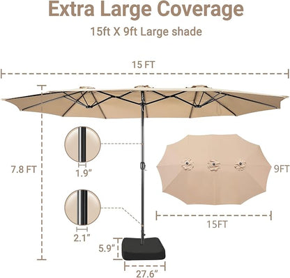 15ft Patio Umbrella with Base, 10-Year-No-Fade Large Outdoor Double-Sided Market Umbrella with UPF50+Terylene Polyester Fabric and Crank for Poolside Garden Deck Backyard Beach Pools