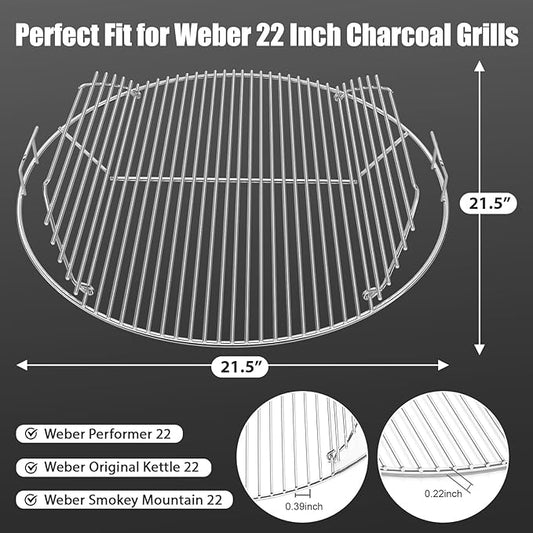 Uniflasy for Weber 22 Inch Hinged Cooking Grate – 304 Stainless Steel Grill Grate Replacement, Fits Original Kettle, Master-Touch, Performer & Bar-B-Kettle Charcoal Grills (21.5" Round)
