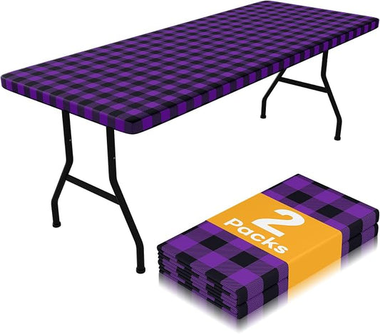 Smiry Picnic Table Cloth 2 Pack, Waterproof Elastic Fitted Tablecloths for 8FT Rectangle Tables, Washable Polyester Buffalo Plaid Tablecloth for Camping & Outdoor (Black & Purple, 30" x 96")
