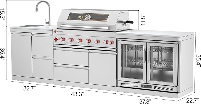 SERA C 6-Burner Propane Outdoor Kitchen with Combo Sink & Fridge | 87,900 BTU + infrared, 115L double fridge, combo sink with storage drawers, pull-out faucet, 304 SS, casters, patio backyard