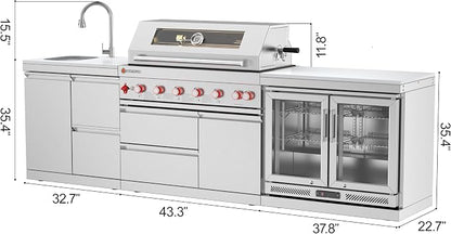 SERA C 6-Burner Propane Outdoor Kitchen with Combo Sink & Fridge | 87,900 BTU + infrared, 115L double fridge, combo sink with storage drawers, pull-out faucet, 304 SS, casters, patio backyard