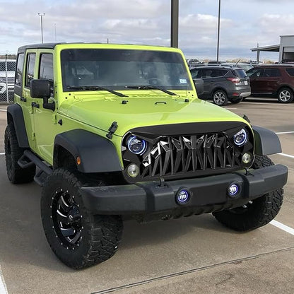 Front Grill Shark Grille Compatible with 2007-2018 Jeep Wrangler Rubicon Sahara Sport JK JKU, Glossy Black