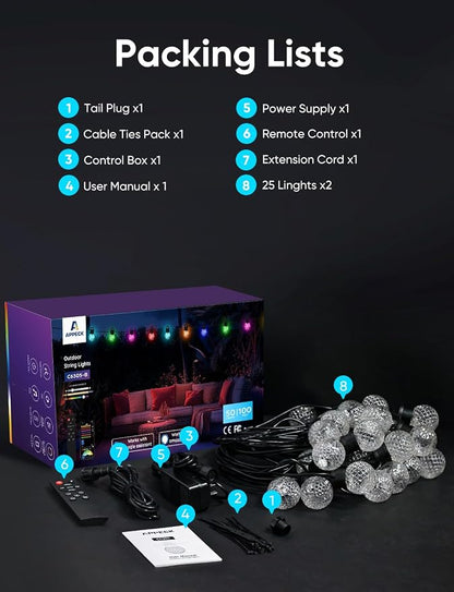 Smart Outdoor String Lights 100ft, RGBW Patio Light with 50 LED Bulb | IP65 Waterproof, 111 Scene Modes, Dimmable Warm White, Individual Control, Outdoor Patio Lights Compatible with Alexa, Google