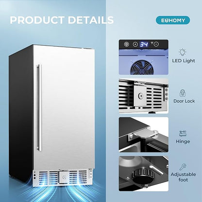 EUHOMY 15 Inch Under Counter Beverage Refrigerator, 125 Can Beverage Fridge with Stainless Steel Door for Beer Wine Soda, Beverage Cooler Built-in and Drink Fridge