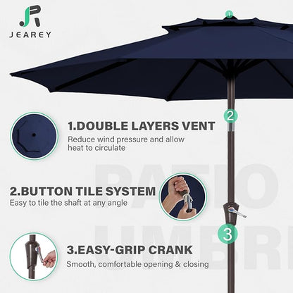 JEAREY 9 ft 2-Tiers Patio Umbrellas Outdoor Table Market Umbrella w/Push Button Tilt/Crank, 8 Sturdy Ribs, UV Protection Waterproof Sunproof(Navy Blue)