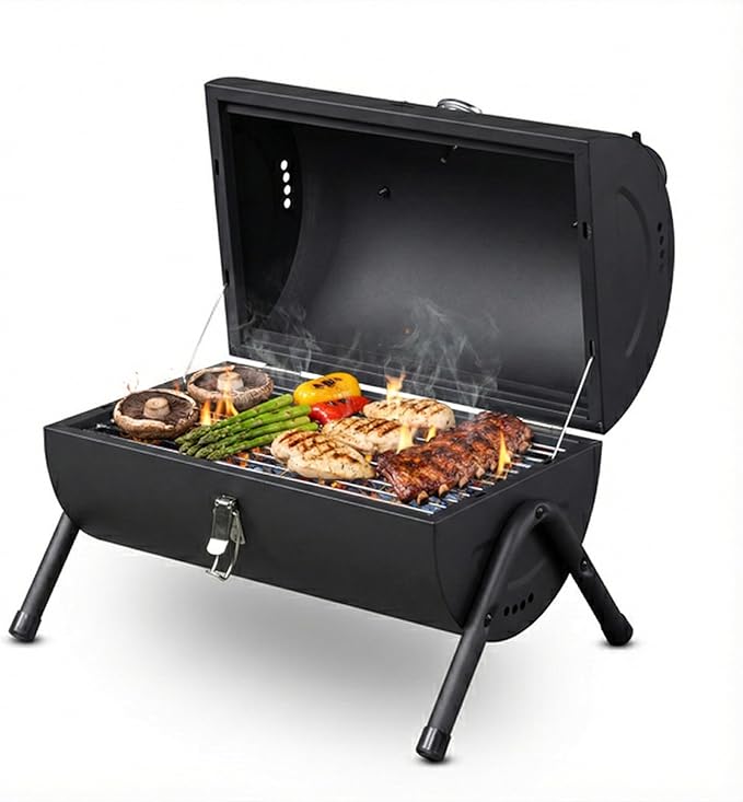 Portable Charcoal Grill, Compact Tabletop BBQ Smoker with Built-in Thermometer and Wooden Carry Handle, Lightweight Small Barbecue for Outdoor Camping, Picnic, Patio, Black