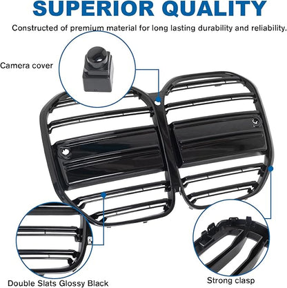 G22 Grille - Front Kidney Grille Double Slats Glossy Black Compatible with BMW 4 Series G22/G23 2021 2022 2023 2024 430i M440i ABS Gloss Black Kidney Grill