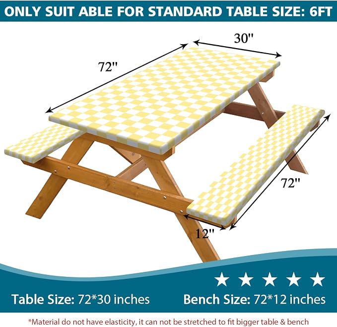 Picnic Table Cover with Bench Covers and Bag, Yellow White Checkered Gingham Buffalo Plaid Camping Tablecloth Waterproof Windproof Elastic Edges Fitted Tablecloths for Outdoor Garden 3PCS 30x72 Inch