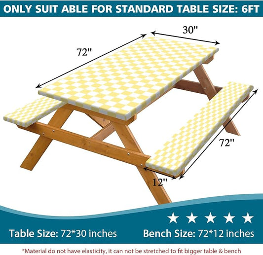 Picnic Table Cover with Bench Covers and Bag, Yellow White Checkered Gingham Buffalo Plaid Camping Tablecloth Waterproof Windproof Elastic Edges Fitted Tablecloths for Outdoor Garden 3PCS 30x72 Inch