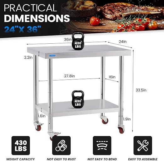 KUARBARR Stainless Steel Table for Prep & Work with 4 Caster Wheels with Undershelf 24 x 36 NSF Metal Commercial Kitchen Adjustable Undershelf Worktable for Restaurant Home Outdoor