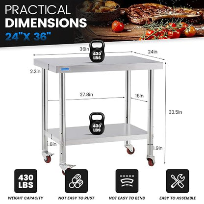 KUARBARR Stainless Steel Table for Prep & Work with 4 Caster Wheels with Undershelf 24 x 36 NSF Metal Commercial Kitchen Adjustable Undershelf Worktable for Restaurant Home Outdoor