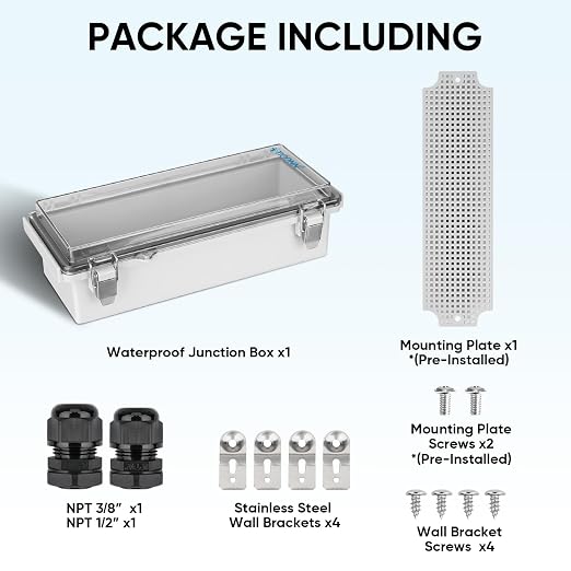 TICONN Outdoor Electrical Box Waterproof, Junction Box IP67 ABS Plastic Enclosure with Hinged Cover with Mounting Plate, Wall Brackets, Cable Glands (Clear, 10.2"x4.3"x3.0")