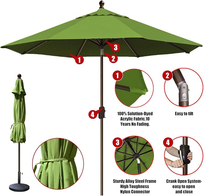 EliteShade USA 10-Year-Non-Fading 10Ft Market Patio Umbrella, UPF 50+ UV Protection Performance Sun Umbrella, Heavy Duty Commercial Grade Outdoor Table Umbrella with Crank & Tilt, Windproof Vented Top for Garden, Pool, Deck and Outdoor Playsets, Ginkgo