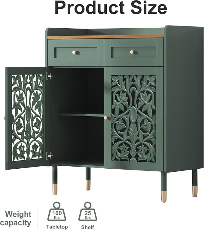 3More Sideboard Buffet Cabinet with Retro Carving Pattern Set of 2, Kitchen Pantry Storage Cabinet with 1 Drawer & 2 Doors, Coffee Bar for Living Room, Kitchen, Dining Room, Green