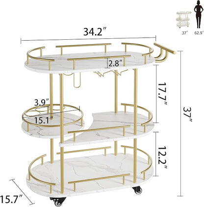 Garvee Bar Serving Cart with Wine Rack and Glass Holder, 3-Tier Rolling Serving Cart with 4 Wheels, Small Serving Table for Living Room, Kitchen, Dining Room, Gold+White