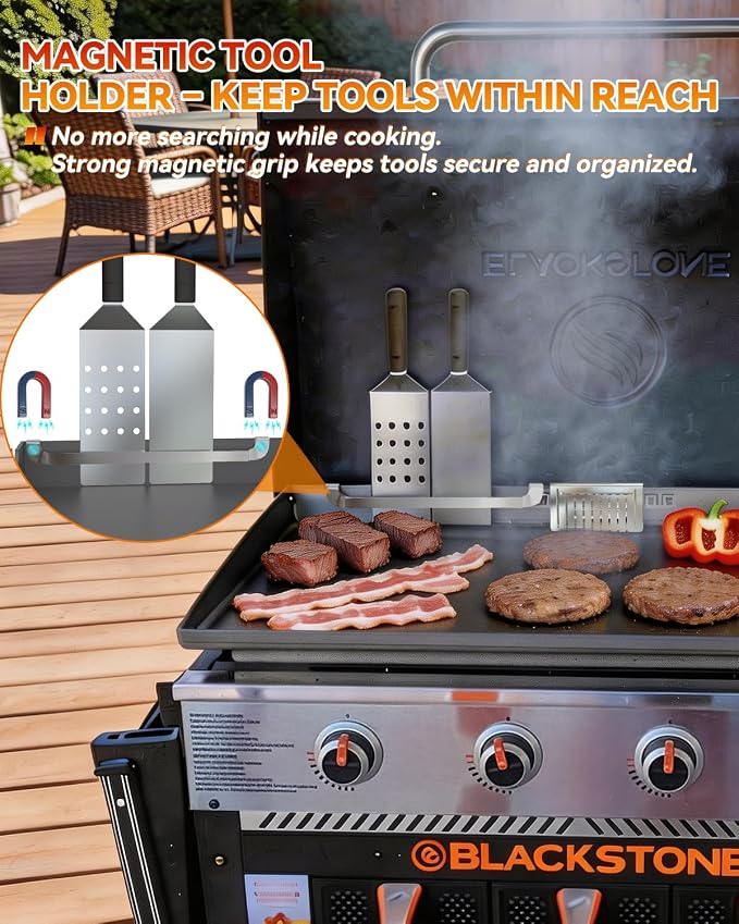 Griddle Accessories Set for Blackstone 17 22 28 36 Inch, BBQ Grill Parts | 12 Aluminum Grease Cup Liners, 10" Stainless Steel Magnetic Tool Holder, Rear Grease Gate Blocker and 4 Magnetic Hooks