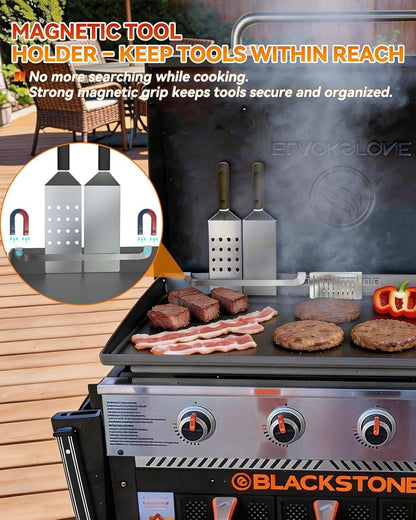 Griddle Accessories Set for Blackstone 17 22 28 36 Inch, BBQ Grill Parts | 12 Aluminum Grease Cup Liners, 10" Stainless Steel Magnetic Tool Holder, Rear Grease Gate Blocker and 4 Magnetic Hooks