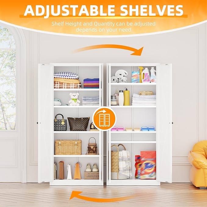 INTERGRAET 63" H Pantry Cabinet, Kitchen Pantry Storage Cabinet with 2 Doors and 4 Adjustable Shelves, White Metal Storage Cupboard for Home, Kitchen, Living Room