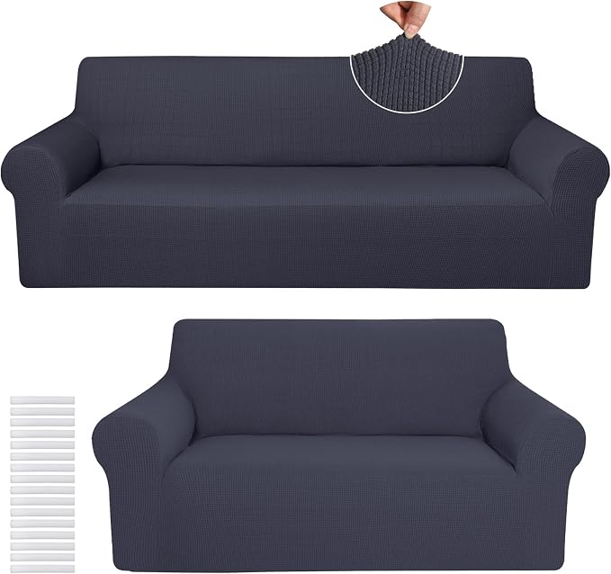 Peryiter 2 Pcs Couch and Loveseat Sofa Covers,Dark Gray,Fleece | Armchair Covers for Living Room, Sofa Cushion Slipcover 2/3 Seater, Furniture Protector, Polyester and Spandex, Washable