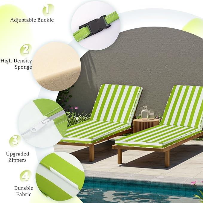 Chaise Lounge Cushions Outdoor, 72"x22"x3" Patio Lounge Chair Furniture Cushions with Washable Covers for Pool, Patio, Lawn (Green+White Stripes, 1 Pcs)
