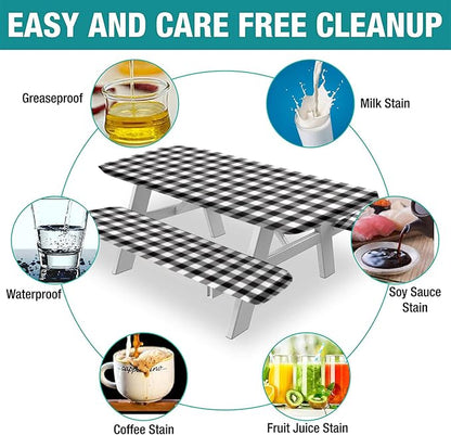 Buffalo Plaid Picnic Fitted Tablecloth and Bench Cover, 3-Piece Set, Edged Checkered Fitted Tablecloth for Outdoor Dining, Camping, RVs, Picnics, Patios Decor, 72x28 in