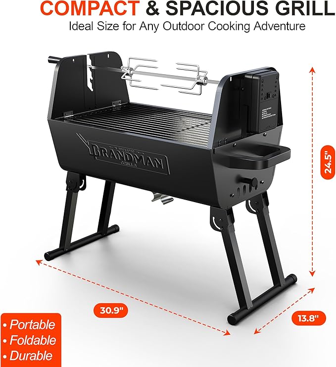 BRANDMAN GRILLS SINCE 1987 2 in 1 Portable Charcoal BBQ Rotisserie Grill with Motorized Kit 21 Inch Folding BBQ Grill 3 Level Height Lightweight for Backyard Outdoor Camping