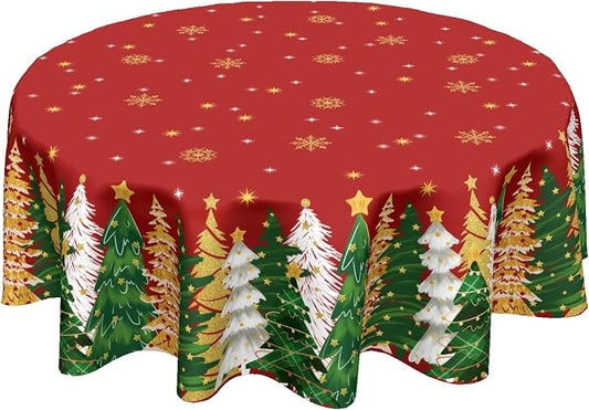 Sweetshow Winter Gold Snowflake Table Cloth Round Xmas Trees Red Tablecloth 70 Inch Decor Washable Stain and Wrinkle Resistant Round Table Cover for Dining Picnic