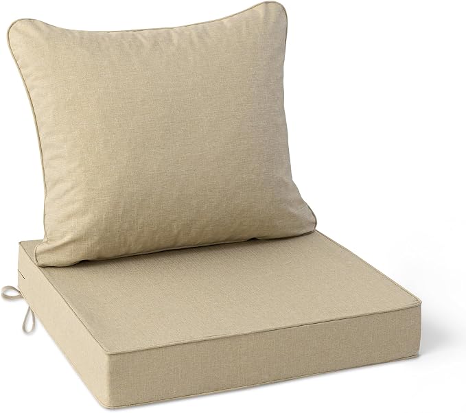 Summsun Outdoor Chair Cushions 19 x 19 Inch, Faux Linen Patio Furniture Cushions, Water Resistant Backrest and Seat Cushion Set with Ties, Removable Cover, Non-Slip Bottom, Nature