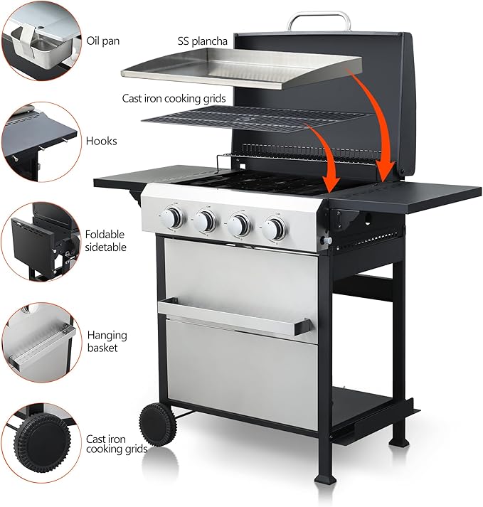 4-Burner Propane Gas BBQ Grill, SS Plancha, 49200BTU Output With Wire Enamel Cooking Grids For Outdoor Barbecue, Foldable Side Table, Hanging Basket, Stainless Steel