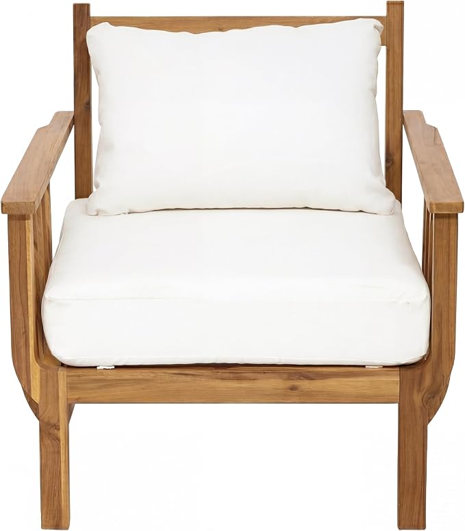 Christopher Knight Home Acacia Wood Outdoor Patio Club Chair Set of 2, Mid Century Modern Deep Seating Lounge Chairs with Armrests, Cushions & Back Pillows for Porch Balcony Backyard, Natural+Beige