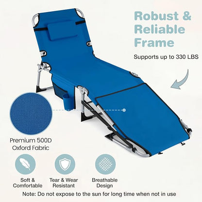 Goplus Tanning Chair with Face Arm Holes, Portable Sunbathing Chair with 4-Level Backrest & Head Pillow, Patio Lay Flat Folding Chaise Lounge with Side Pocket & Shoulder Strap for Poolside, Beach
