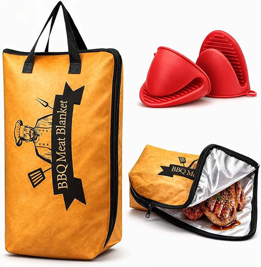 21in Insulated BBQ Meat Resting Bag with Silicone Oven Mitts – 5-Layer Reusable Meat Swaddle, Blanket for Smoker, Beef, Pork, Turkey, Meat Cooler and Resting Bag – Brown