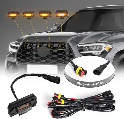4 Pcs Grille Lights Compatible with Toyota Tacoma 2020 2021 2022 2023 TRD Off Road and Sport Models, OEM Style LED Front Grill Lights for Tacoma Accessories with Fuse & Harness (Amber)
