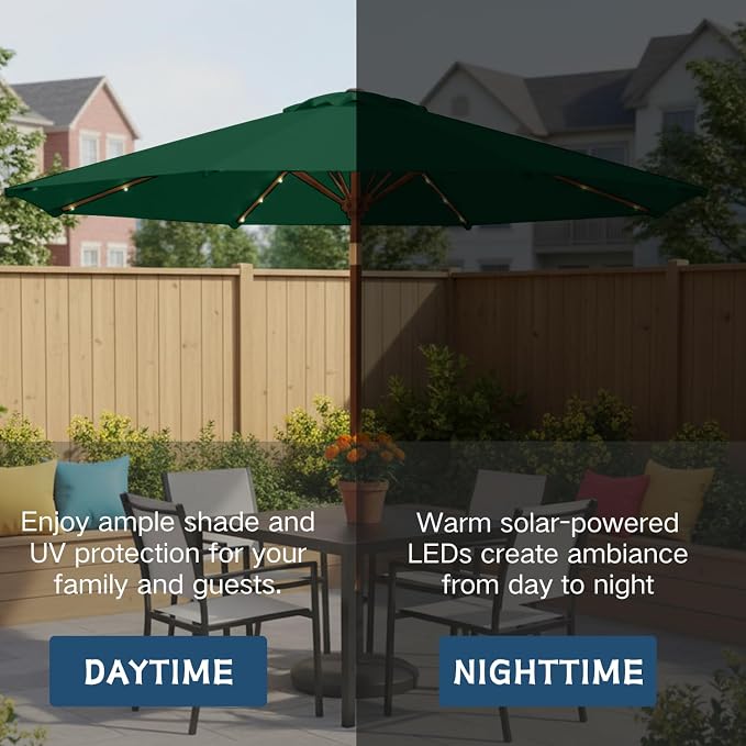 9' Solar LED Patio Umbrella with Tilt & Crank|8 Sturdy Ribs,UV Protection,Outdoor Market Table Umbrella for Deck,Lawn,Pool,Backyard(Dark Green)