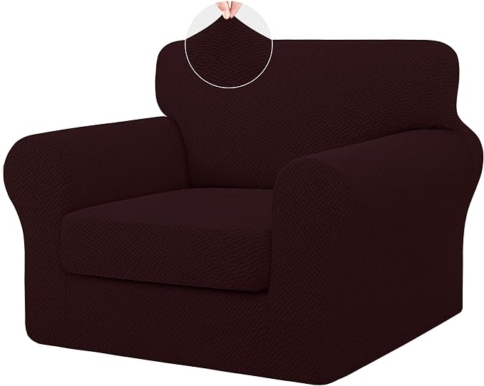 ISSUNTEX 2 Pieces High Stretch Thicken Chair Couch Covers, Soft Sofa Slipcover for 1 Separate Cushion Couch, Jacquard Fabric Elastic Sofa Cover Furniture Protector for Dogs (Chair, Wine)